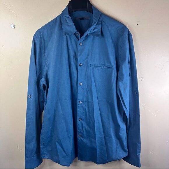 John Varvatos Mens Blue Button Down Long Sleeve Roll Tab Dress Shirt Size Medium - Picture 1 of 7